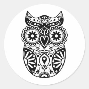 Sticker Rond Chouette crâne à sucre noir et blanc