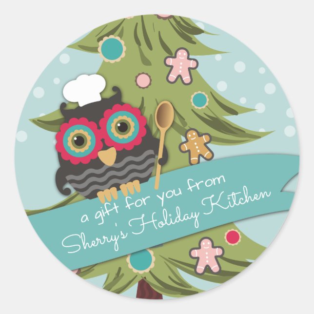 Sticker Rond Chouette cuisinière biscuit Noël arbre de vacances (Devant)