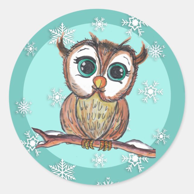 Sticker Rond Chouette d'aquarelle mignonne avec flocons de neig (Devant)