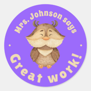 Sticker Rond Chouette d'aquarelle mignonne Great Work Student A
