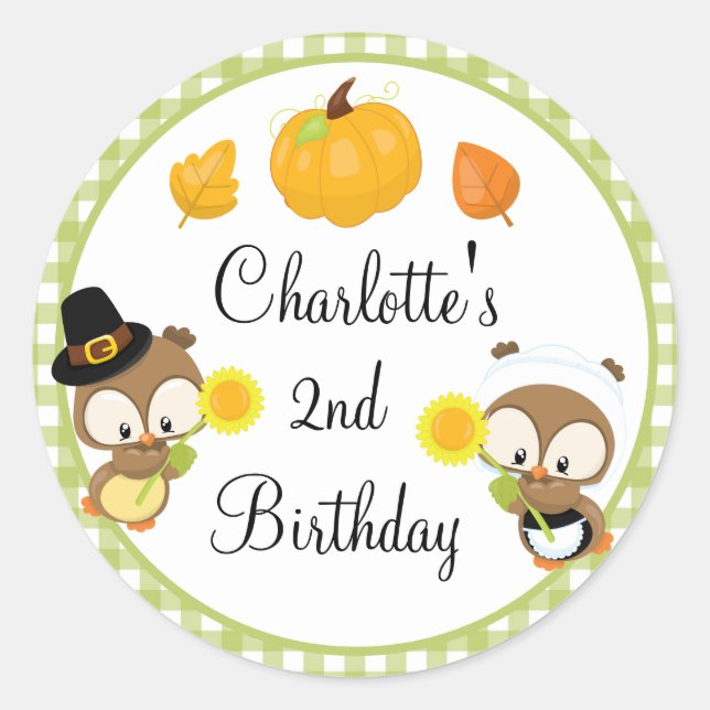 Sticker Rond Chouette de automne personnalisée mignonne Anniver (Devant)