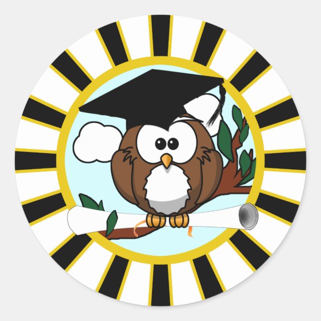 Sticker Rond Chouette de graduation avec noir et or (Devant)