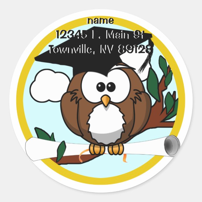 Sticker Rond Chouette de graduation en dessin mignonne avec Cas (Devant)