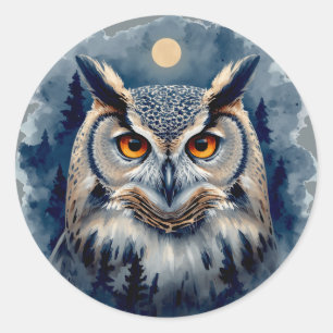 Sticker Rond Chouette de Lune Mystique Art Aquarelle   Forêt Cé