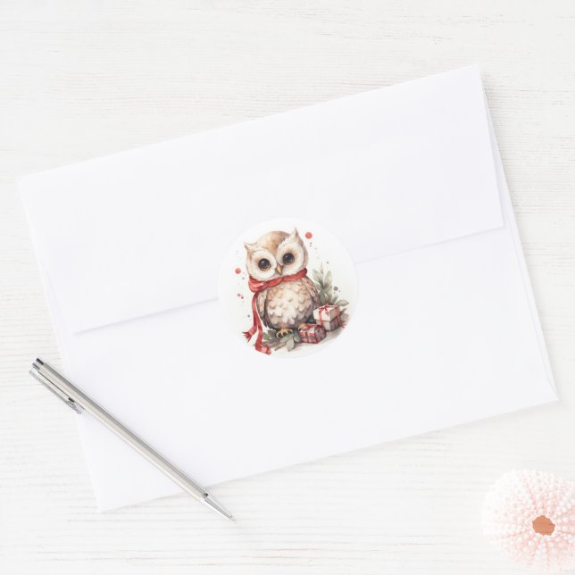 Sticker Rond Chouette de Noël Aquarelle avec cadeaux (Enveloppe)