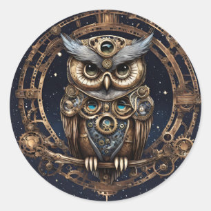 Sticker Rond Chouette de Steampunk contre le ciel étoilé