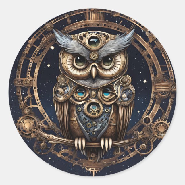Sticker Rond Chouette de Steampunk contre le ciel étoilé (Devant)
