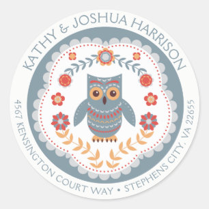 Sticker Rond Chouette et fleurs de style scandinave Adresse de 