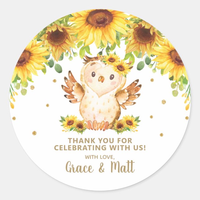 Sticker Rond Chouette florale de tournesol Merci Favoriser Part (Devant)