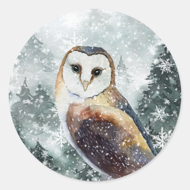 Sticker Rond Chouette forestière de montagne de Snowy Woodland (Devant)