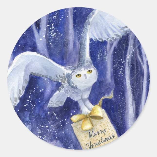 Sticker Rond Chouette lunaire Aquarelle de Noël bleu-violet (Devant)
