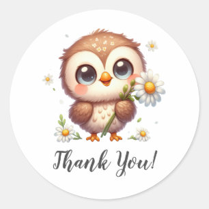 Sticker Rond Chouette mignonne avec Merci de tournesol