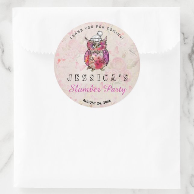 Sticker Rond Chouette nocturne mignonne Anniversaire Merci de f (Sac)
