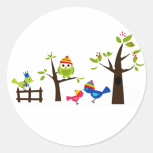 Sticker Rond Chouette Oiseaux Neige Hiver Maillot Arbre Cartoon