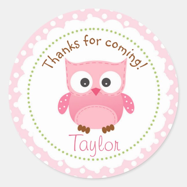 Sticker Rond Chouette rose (Fille 1er Anniversaire Fête Favor) (Devant)