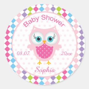 Sticker Rond Chouette rose, losange motif Baby shower