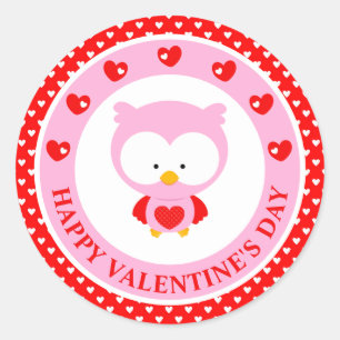Sticker Rond Chouette rose mignonne et coeurs Saint-Valentin