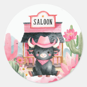 Sticker Rond Chouette rose mignonne Highland Cow Aquarelle Oues