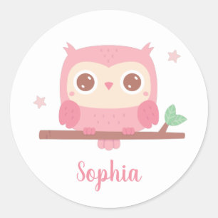Sticker Rond Chouette Rose Mignonne Sur Une Branche, Nom Person