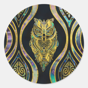 Sticker Rond Chouette tribale d'or sur Motif d'ormeau de Boho