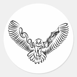 Sticker Rond Chouette volante tribale noire et blanche