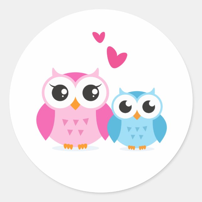 Sticker Rond Chouettes de dessin mignonnes aux coeurs (Devant)