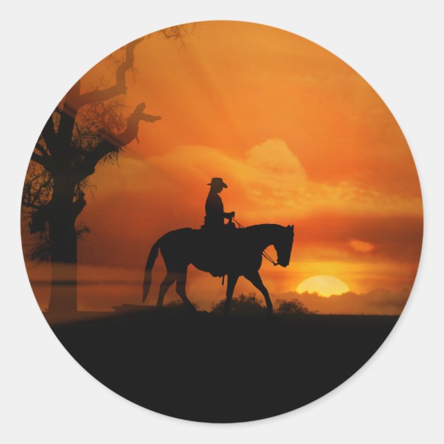 Sticker Rond Chowgirl à cheval dans l'autocollant Sunset (Devant)
