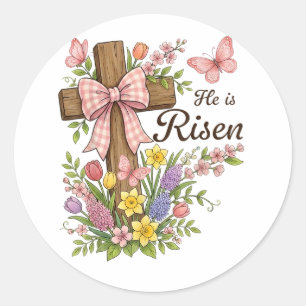 Sticker Rond Chrétien - Il est ressuscité Croix florale Religie