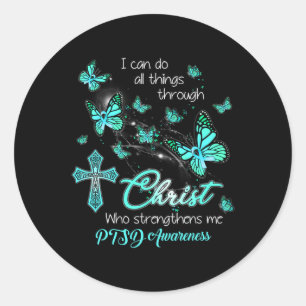 Sticker Rond Christ Dieu Croix Renforcer Me Papillon Turquoise