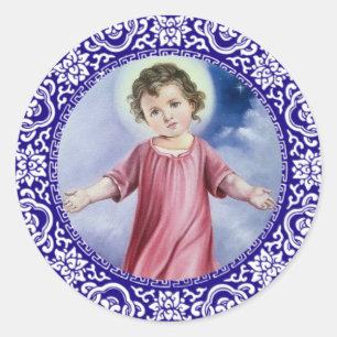 Sticker Rond Christ Enfant Jésus Nuages Frontière Bleue