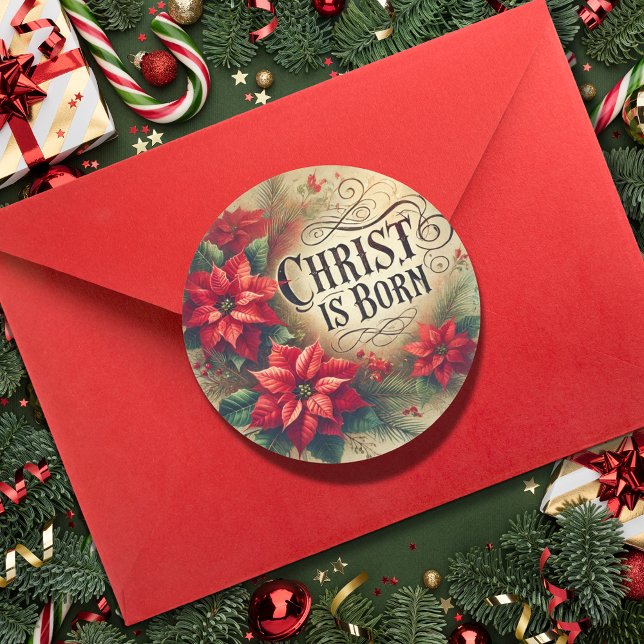 Sticker Rond Christ Est Né Noël Poinsettia Religieux (Créateur téléchargé)