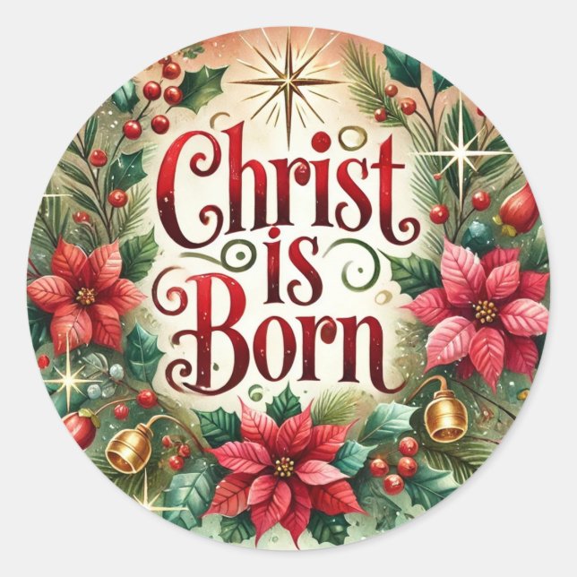 Sticker Rond Christ Est Né Noël Poinsettia Religieux (Devant)