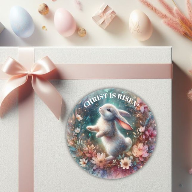 Sticker Rond Christ Ressuscité Floral Joyeux Lapin De Pâques (Créateur téléchargé)