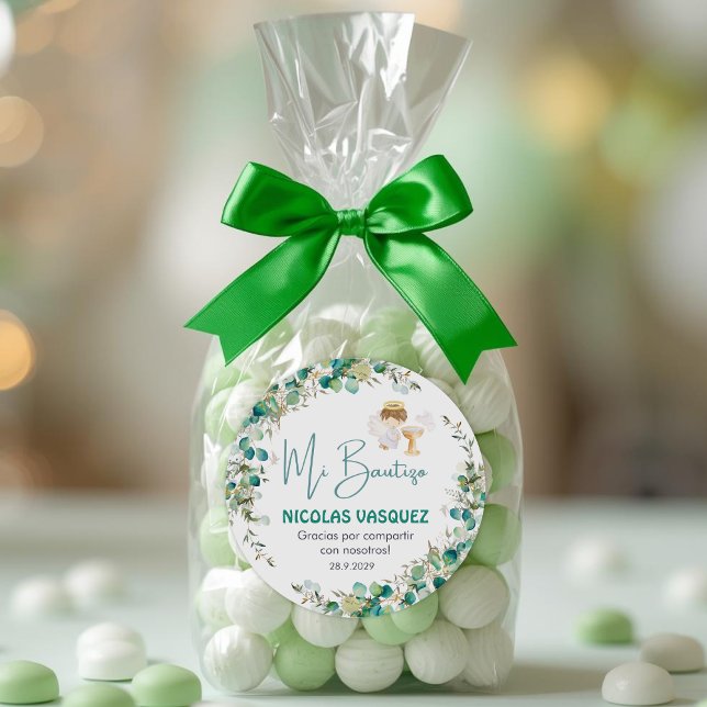 Sticker Rond Christening Favors Jote Boy Angel & Green Flowers (Créateur téléchargé)