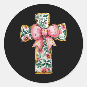 Sticker Rond Christian Cross Floral Coquette Bow Pink Religieux