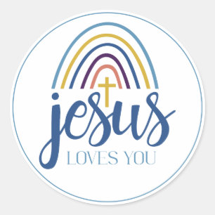 Sticker Rond Christian Jesus vous aime Retro Rainbow Cross