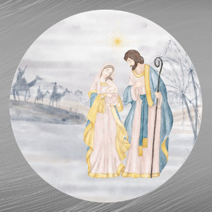 Sticker Rond Christmas Blue Christian Religious Watercolor