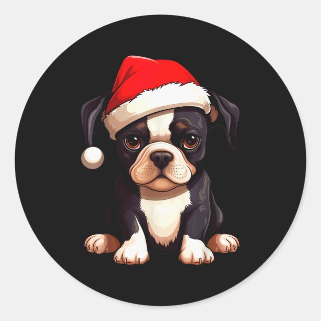 Sticker Rond Christmas Boston Terrier Dog Santa Hat Funny Xmas  (Devant)