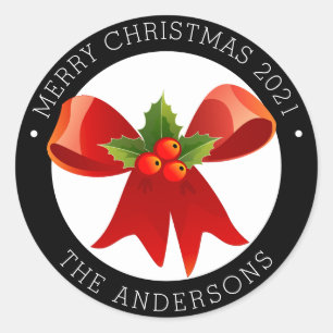 Sticker Rond Christmas Bow avec Holly Adresse de retour