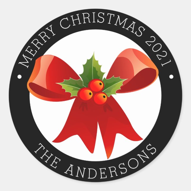 Sticker Rond Christmas Bow avec Holly Adresse de retour (Devant)