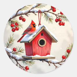 Sticker Rond Christmas Cardinal Birdhouse snowy pine branch