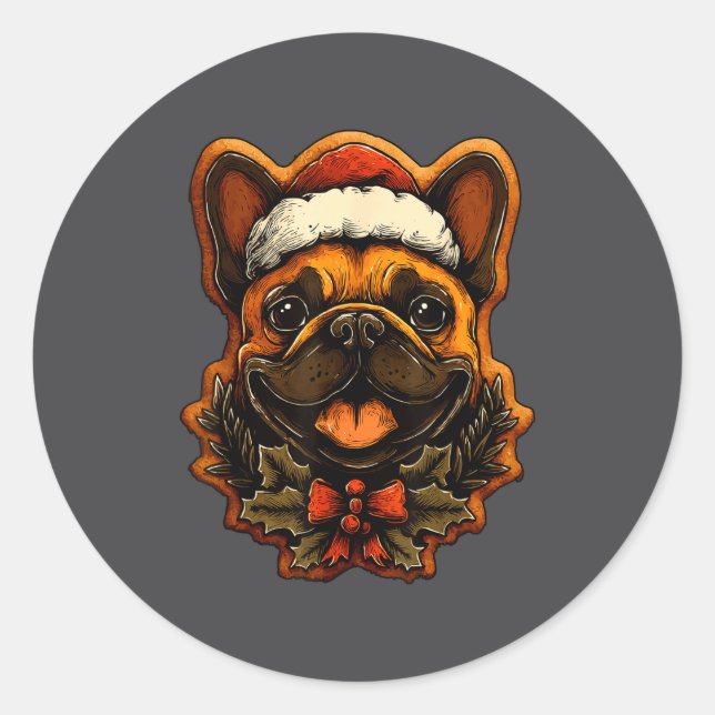 Sticker Rond Christmas French Bulldog With Santa Hat Gingerbrea (Devant)