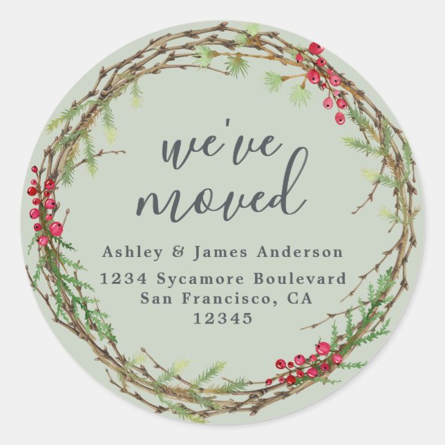 Sticker Rond Christmas Greenery We've Moved New Address label (Devant)