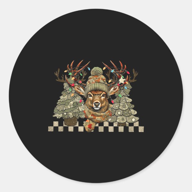 Sticker Rond Christmas Holiday Camo Hunting Reindeer Deer Xmas  (Devant)