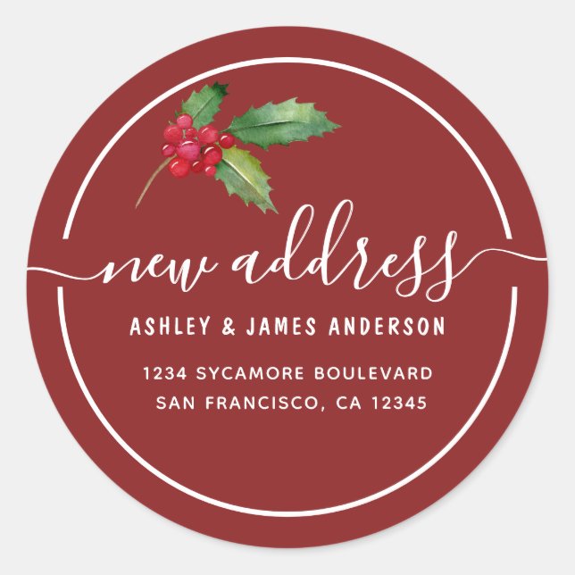 Sticker Rond Christmas Holly Berries We've Moved New Address (Devant)