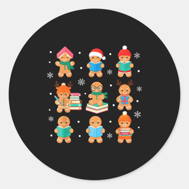 Sticker Rond Christmas Library Gingerbread Man Books Lover Book (Devant)