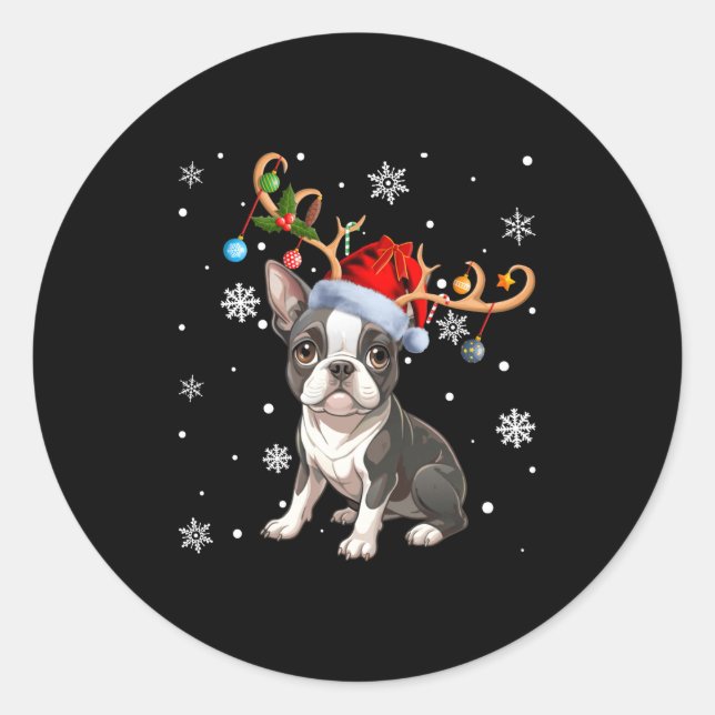 Sticker Rond Christmas Light Reindeer Santa Hat Boston Terrier  (Devant)