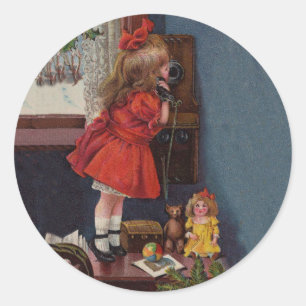 Sticker Rond Christmas Little Girl Téléphone Antique