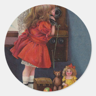 Sticker Rond Christmas Little Girl Téléphone Antique