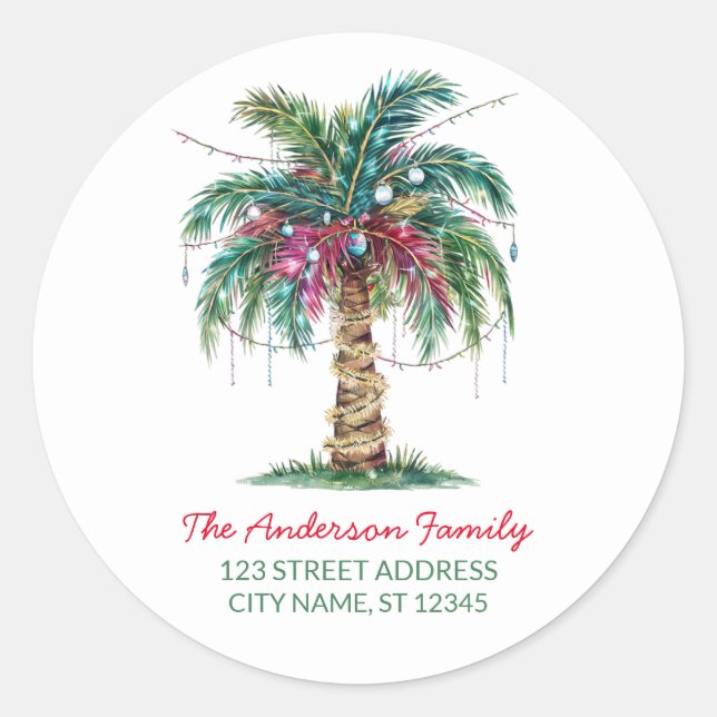 Sticker Rond Christmas Palm Tree Light Retourner l'adresse Étiq (Devant)